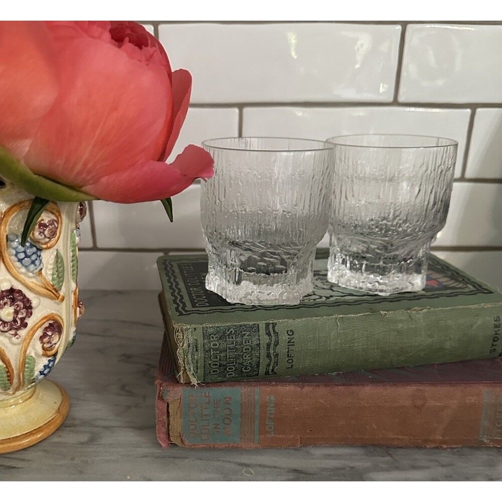 Set Of 2 Vintage MCM IITTALA Old Fashioned Glasses 3.75”ASLAK Pattern
